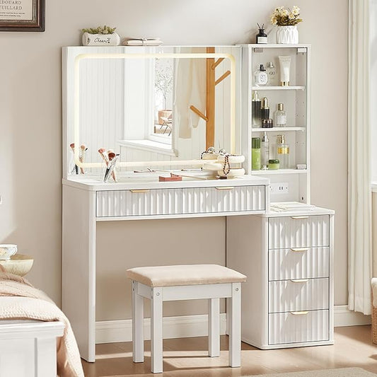 LEYAOYAO White Vanity Desk with Mirror and Lights with Stool, 43.5'' Fluted Makeup Vanity with 6 Drawers and Adjustable Shelves,Wood Make Up Vanity Set with Glass Top and Power Outlet for Bedroom