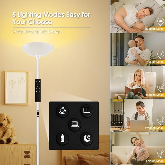 Stepless Dimmable Floor Lamp,30W 3000LM Super Bright LED Torchiere Floor Lamps with Remote & Touch Control,71 in Tall Modern Standing Lamp for Living Room Bedroom Office,2700k-6500k,White