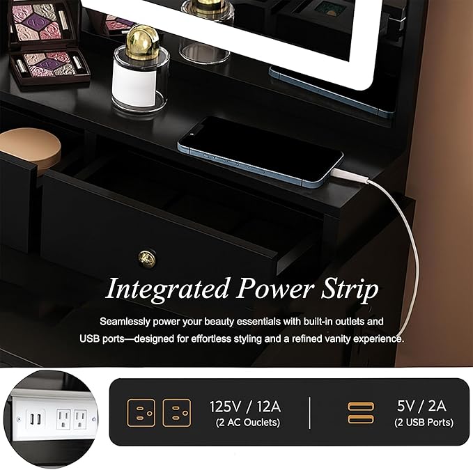 Small Makeup Vanity Desk with Full Size Mirror and Lights, 31" Compact Black Dressing Table with Chair, 5 Storage Drawers, Power Outlet & Hair Dryer Holder for Small Space, Dorm, Bedroom