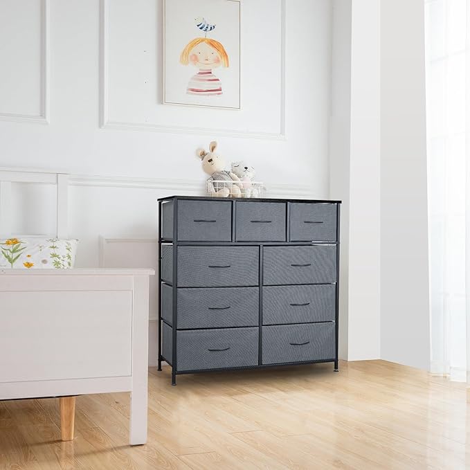 Dresser for Bedroom with 9 Drawers, Chest of Drawers, Storage Drawers Organizer Unit, Grey Wide Fabric Dresser with Fabric Bins for Closet, Living Room, Entryway (Grey and Charcoal Black)