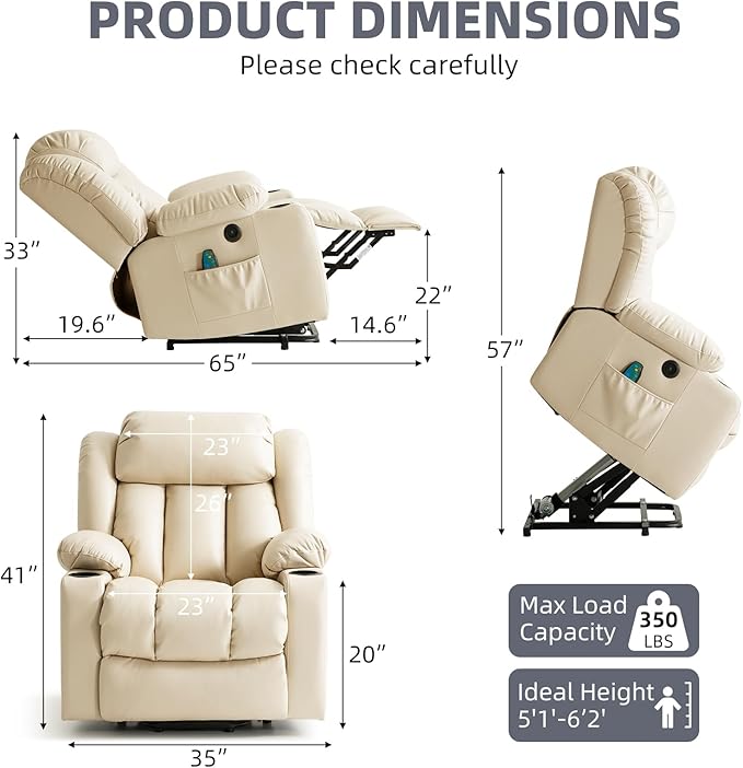 Power Lift Recliner Chair for Elderly, Electric Recliner Chairs for Adults with Massage and Heat, Cup Holders, Remote Control, USB Ports, Side Pockets, Leather (Beige)