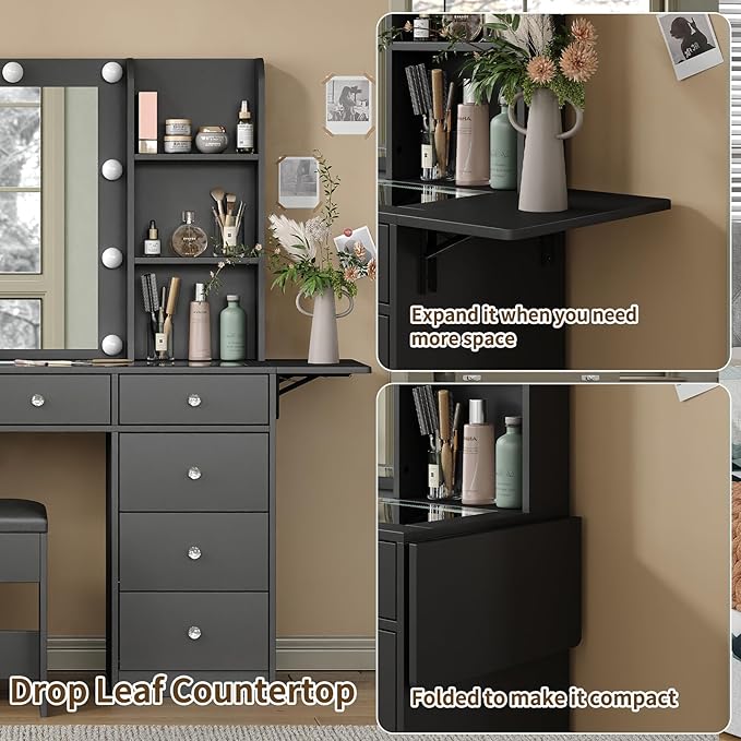 Vanity with Power Outlet, Vanity Desk with Mirror and 10 LED Lights, 10 Drawers Makeup Vanity with 6 Shelves, Fold-up Panel, Dressing Table for Bedroom, Black