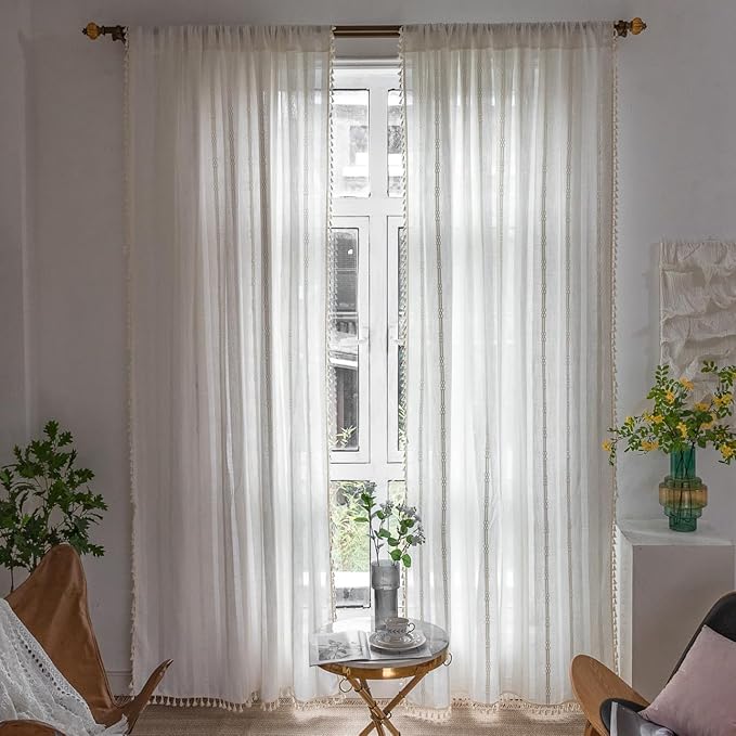 Boho Curtains Embroidery Linen Curtains 108 Inches Long 2 Pannels for Bedroom Off White Country Farmhouse Curtains Light Filtering Curtains for Living Room Rod Pocket Drapes(52" W x 108" L,White)