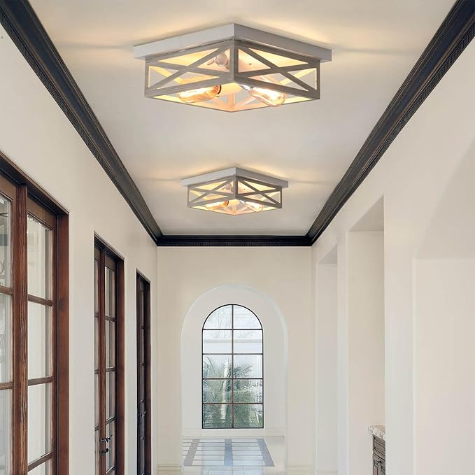 2 Pack White Flush Mount Ceiling Light, Farmhouse Ceiling Light Fixtures, 2-Light Rustic Metal Finish Industrial Kitchen Light Fixture for Bedroom, Hallway Light