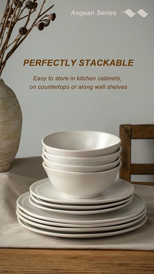 Famiware Aegean Dinnerware Set for 4, Plates and Bowls Sets, 12-Piece Stoneware Scratch Resistant Dinner Set, Handmade Irregular Round Dishes, Microwave and Dishwasher Safe, Matte White