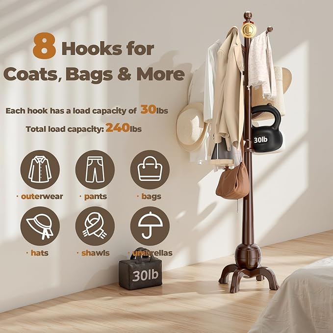Wood Coat Rack Freestanding, Solid Wooden Hall Tree with 8 Hooks, Coat Tree Freestanding Heavy Duty with Stable Base, Entryway Hallway Bedroom Office Use, 240lbs Load Capacity H:71.6in (Black-Red)