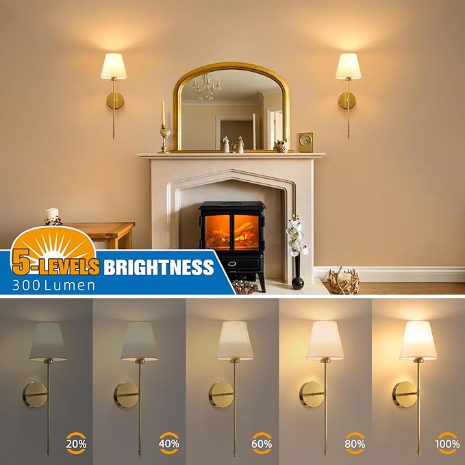 NIORSUN 19.9 inch Battery Operated Wall Sconce Set of 2,Gold Rechargeable Wall Lights with 5200mAh Dimmable Detachable Bulbs and Remote,10 Colors Wireless Sconces for Bedroom Living Room Hallway