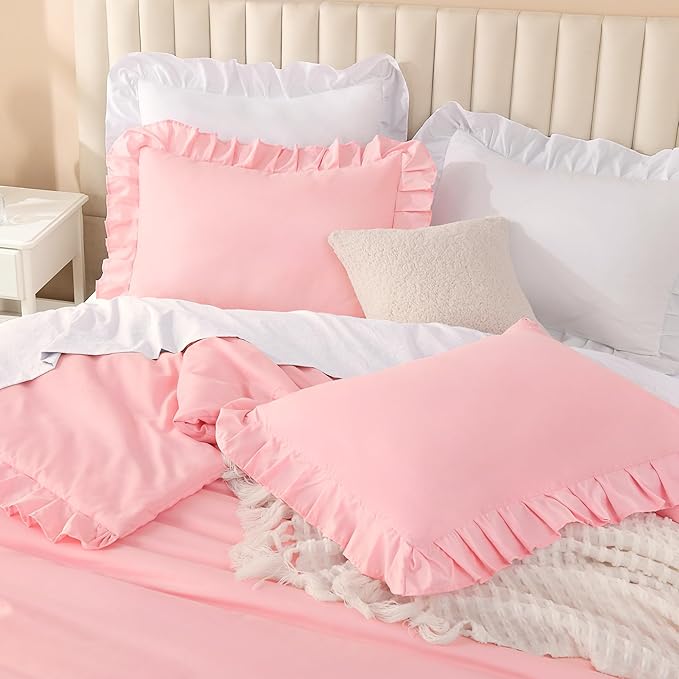 Litanika Pink Full Size Comforter Sets, 3 Pieces Ruffle Farmhouse Aesthetic Bedding Comforter Sets, All Season Soft Lightweight Fluffy Microfiber Bed Set(79x90In Comforter, 2 Pillowcases)