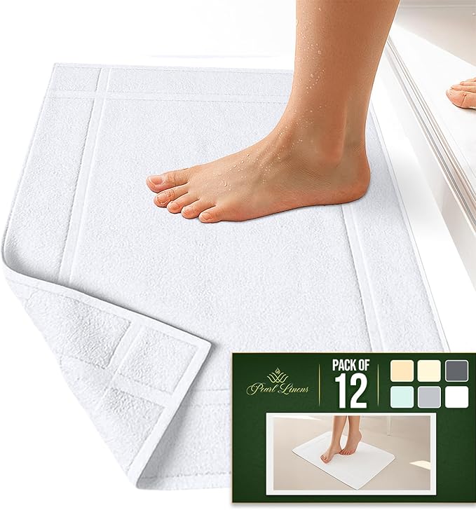 Pearl Linens Pack of 12 100% Cotton Bath Mat 18x25 inches, Soft & Absorbent Quick Dry Bathroom Mat Set, Not Bathroom Rugs, After Shower Mat, Bath Tub Mat, 687 GSM, Machine Washable, White