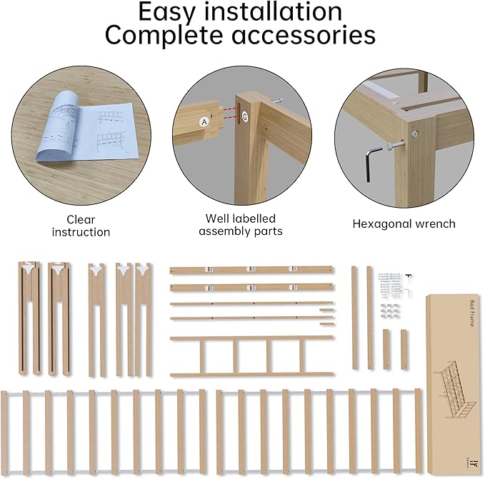 14 Inch Bamboo Bed Frame – Solid Wood Platform Bed Frame, Strong and Stable, with Non-Slip Slats for Support, No Box Spring Needed, Easy to Assemble, Noise-Free (Natural with Headboard, Twin)