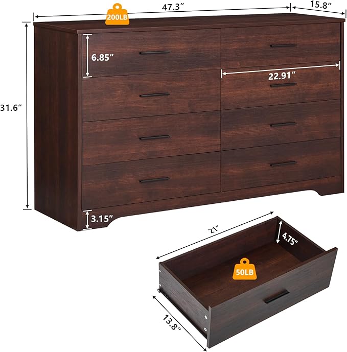 LIDYUK Dresser for Bedroom, Wood Dresser with 8 Drawers, Modern Minimalist Style Dressers & Chests of Drawers, 48 Inches Wide Chest of Drawers for Bedroom, Hallway, Dark Cherry