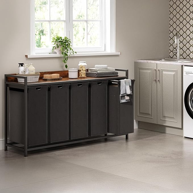 Laundry Hamper with Shelf, Laundry Basket 5 Section, Laundry Sorter with Pull-Out Removable Large Bags and Movable Wheels, Metal Frame, 5 x 15.87 Gallons (60L), Rustic Brown + Blck PF08XLY