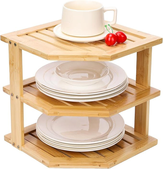 3-Tier Design Bamboo Corner Cabinet Organizer Countertop Kitchen Corner Rack, Plate Organizer for Cabinet Space Saver, Dishes, Bread Pantry, Bathroom Storage Racks or Countertop Racks