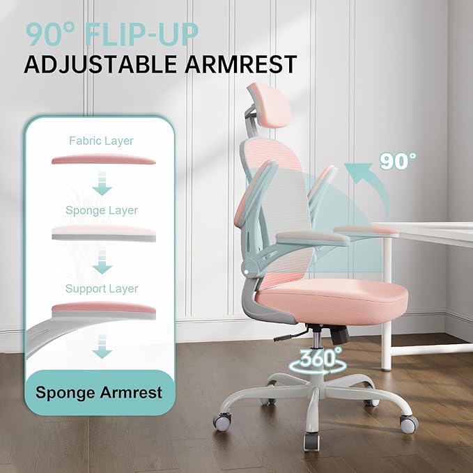 Office Chair Ergonomic Desk Chair, 330LBS Capacity, High Back Computer Chair for Long Hours Comfortable, Rolling Swivel Executive Task Chair for Home Office with Flip-up Armrests(Grey Pink)