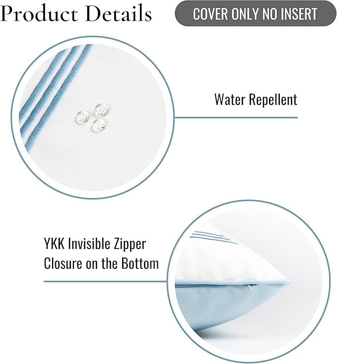 Hofdeco Premium Coastal Hampton Style Patio Indoor Outdoor Lumbar Pillow Cover Only, 12"x20" Water Resistant for Backyard, Couch, Baby Blue Embroidered Vertical Line