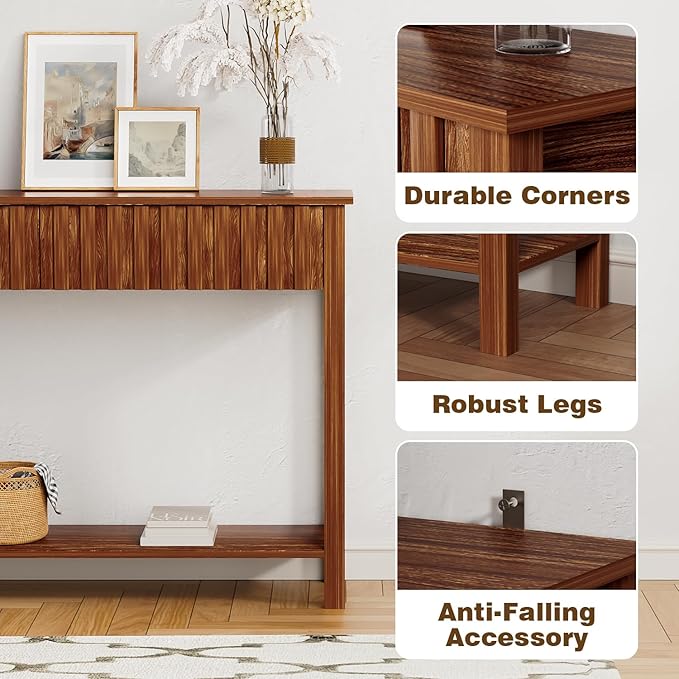Console Table with 2 Fluted Drawers,Entryway Table with Open Storage Shelf, 47.2" Wood Sofa Table for Living Room and Hallway Brown