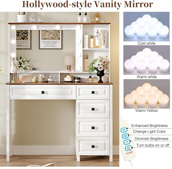 43" Large Vanity Desk with Mirror and Lights,Makeup Vanity with 10 Lights，Modern Makeup Table with 5 Drawers，Open Shelves for Bedroom Makeup Room，Cream
