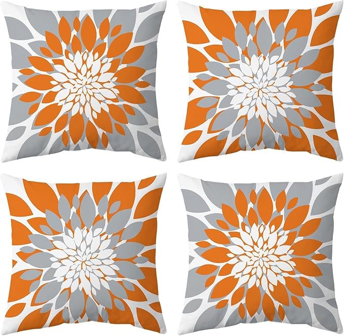 Qahing Pack of 4 Fall Outdoor Waterproof Pillow Covers 18x18 Decorative Outdoor Throw Pillows Garden Square Cushion Cases for Patio Furniture, Couch, Tent Sunbrella, Bench, Orange Grey
