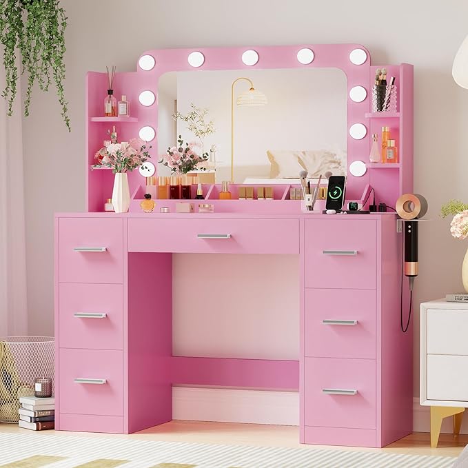 JUMMICO Makeup Vanity Desk with Large Mirror and Lights, Vanity with Power Strip and Hairdryer Holder, 6 Open Shelves and 7 Drawers Modern Dressing Table, for Bedroom (Pink)