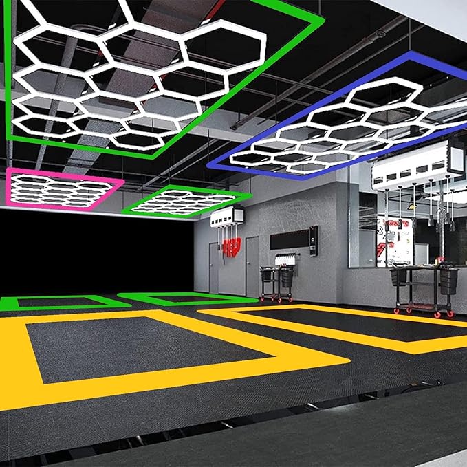 Hexagon Garage LED Light, Ceiling Lights, Shop Light for Car Detailing, Garage, Workshop and Gym (14 Hex Grids,Green) AC 100-240V(190.56 inch x 95.76 inch)