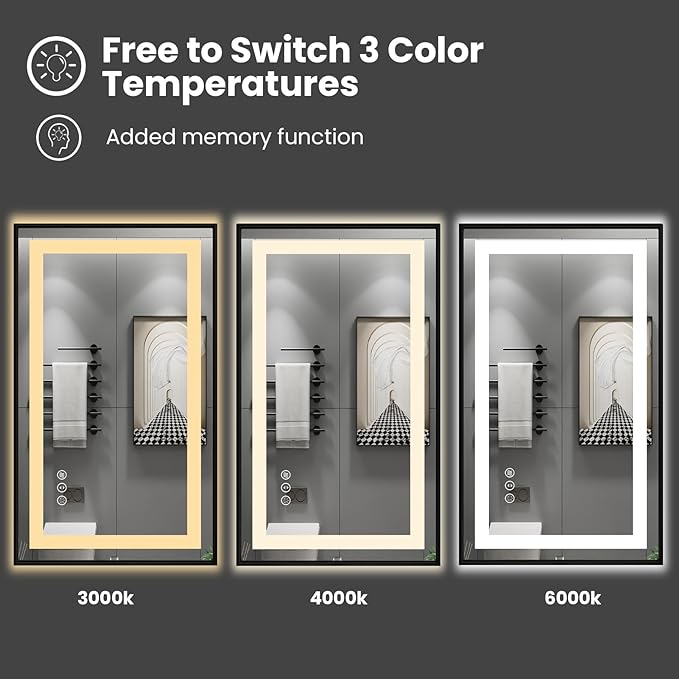 Amorho 40" X30" LED Bathroom Mirror with Black Frame, Front Light and Backlit, Stepless Dimmable, Anti-Fog, Shatter-Proof, Memory, 3 Colors, Double LED Vanity Mirror