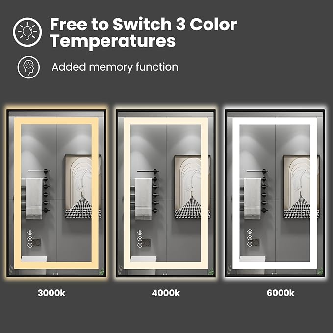 Amorho 24"x 32" LED Bathroom Mirror with Black Frame, Front Light and Backlit, Stepless Dimmable, Anti-Fog, Shatter-Proof, Memory, 3 Colors, Double LED Vanity Mirror