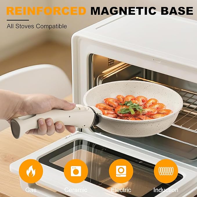 20 Pcs Ceramic Cookware Set Non Stick Frying Pots and Pans Set Non Toixc Cookware-PFAS/PFOA/PTFE Free, with Removable Handle for RV Kitchen, Induction & Dishwasher Safe Cream White