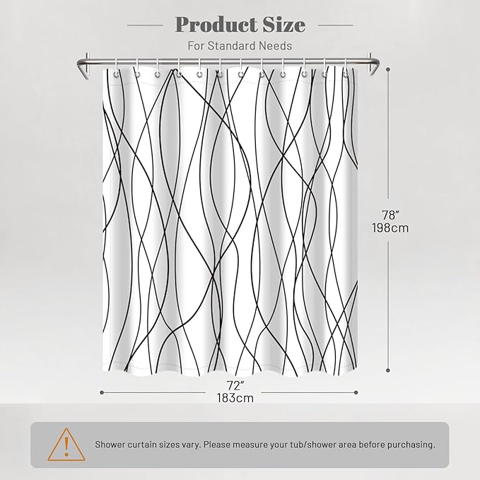 Punkray Black and White Striped Wavy Line Polyester Shower Curtain for Bathroom with Hooks, Weighted Hem, Waterproof Bath Accessories Hotel Style, 72 x 78