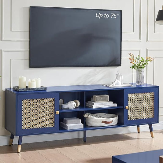 Mid Century Modern Entertainment Center, Blue TV Stand for TVs up to 75", Boho Tv Furnitures with Storage Cabinet and Shelves, Tv Console Media Center with Gold Metal Mesh Doors for Living Room