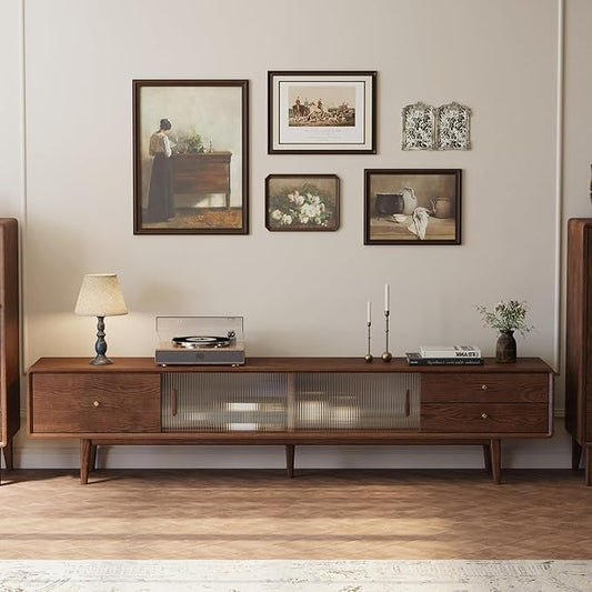 78.74" L Solid Oak Wood TV Stand for 70-85 Inch TVs, Glass Sliding Door TV Console with Three Drawers, Entertainment Center with Storage Cabinets TV Stands for Living Room (Walnut Color)