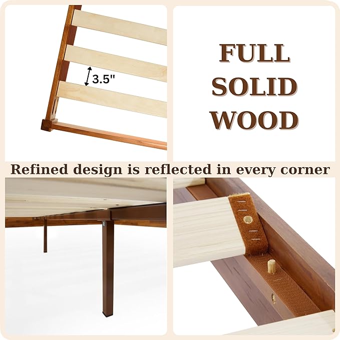 Bme Dinkee King Bed Frame Wood 15 Inch - Solid Wood Platform Bed Frame - Japanese Joinery Bed - Modern & Minimalist Style - Wood Slat Support - Easy Assembly - No Box Spring Needed - Caramel