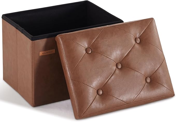 HAUSFRAU Storage Ottoman Foot Rest Stool, Small Folding Ottoman with Storage, Tufted Square Cube Footrest, Faux Leather Retro Brown