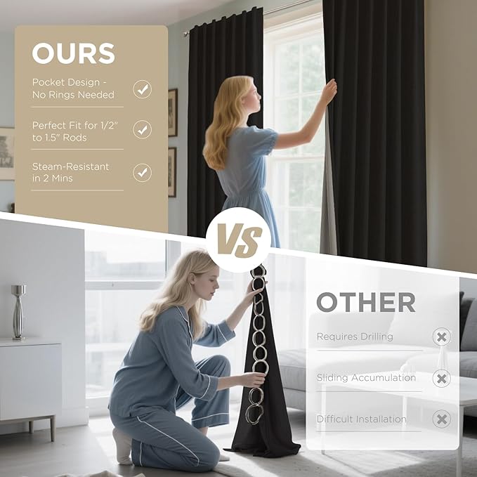 Joydeco 100% Blackout Curtains for Bedroom - Natural Linen Curtains 66" W x 108" L Long, Thermal Insulated 2 Panels Black Light Blocking Drapes, Rod Pocket & Back Tabsn for Living Room