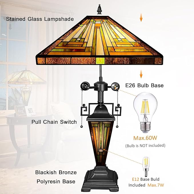 Capulina Tiffany Lamp Stained Glass Table Lamp, Mother-Daughter Vase 3-Light,16X16X24 Inches Amber Brown Mission Tiffany Style Desk Reading Lamp for Living Room Bedroom Study Home Office