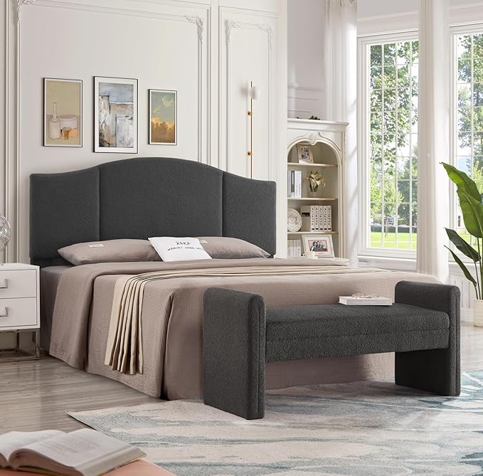 24KF Middle Century Upholstered Foldable King Headboard, Modern Boucle Teddy Fabric, California King, Dark Gray