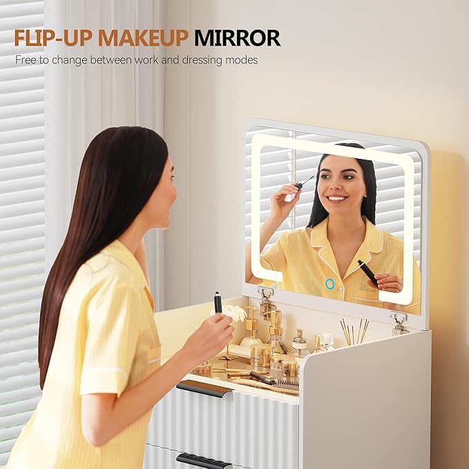 LED 3 in 1 Vanity Desk with Flip Top Mirror, Small Makeup Table with Glass Desktop, Compact Dressing Table with Storage and Cushioned Stool with Wheels, 3 Drawers, for Bedroom White