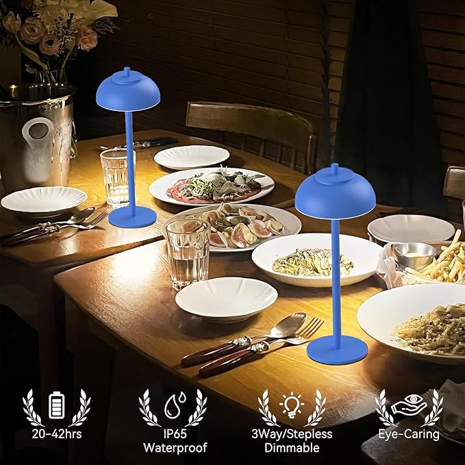 Blue Table Lamp Set of 2 Rechargeable,Table Lights Battery Operated-IP65 Waterproof-for Outdoor Patio/Restaurants/Home/Dinner/Table Lighting-Touch Control & Dimmable