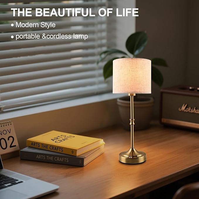 Cordless Table Lamp,5200mAh Rechargeable Battery Powered Table Lamps,3-Level Brightness Dimmable, Mid Century Lamp ,Bedside Night Lamp, Vintage Metal Lamp for Kitchen/Dinner/Patio/Restauran(Gold)