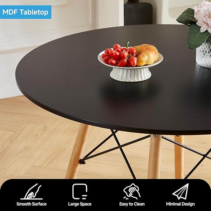 Round Dining Table Set for 4 31.5" Wood Dinner Table Circle Dining Table Kitchen Table Chairs Set of 4 with Wood Strip Base for Kitchen Living Room Space Saving Apartment(Black)