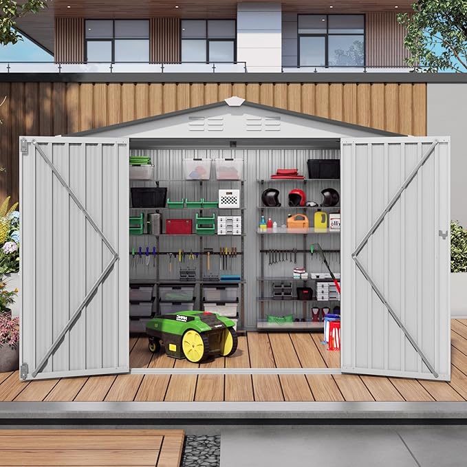 8 x 6 FT Outdoor Storage Shed, Metal Garden Tool Shed with Slooping Roof, Lockable Doors and Aluminum Frames, Easy to Assemble for Garden, Patio, Lawn, White+Black