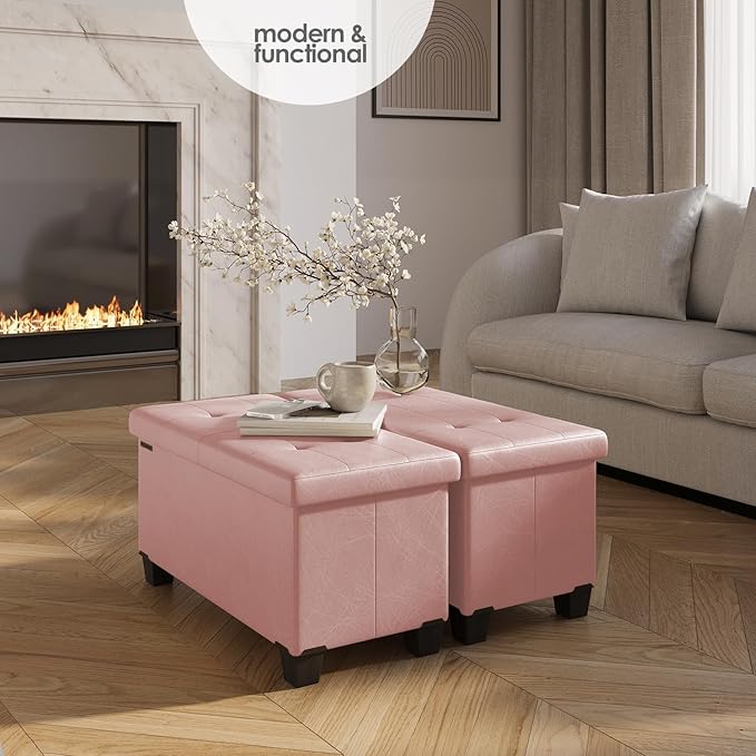 STORAGEBUD Storage Ottoman Bench with Bins, 30-in Storage Bench for Bedroom End of Bed, Folding Foot Rest Ottoman for Living Room Max 660lbs, Faux Leather Ottomans, Pink