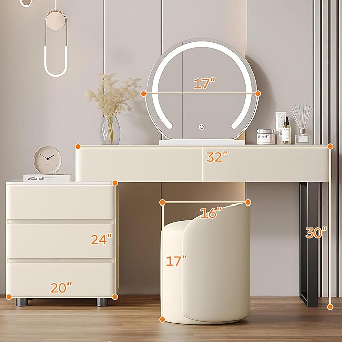 Solid Wood Vanity Desk, Modern Makeup Vanity with Drawers & Rock Slab Countertop and LED Light Mirror, Simple Dressing Table with Makeup Stool for Bedroom (White)