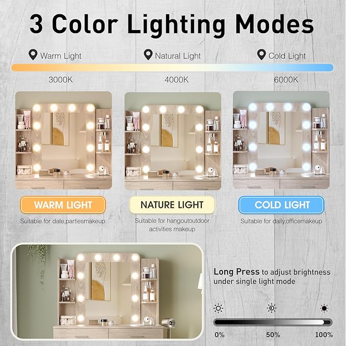 Vabches Vanity Desk with Mirror and Lights,Makeup Vanity Table with Charging Station,2 Drawer Bedroom Dressing Table with 3 Colors Modes Dimming & Cushioned Stool,Natural Oak