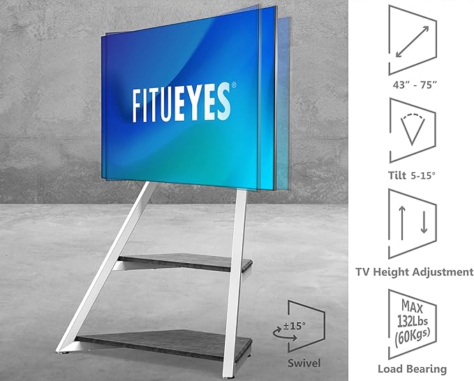 FITUEYES Design Corner TV Stand for 43 50 55 65 75 Inch TV, White TV Cart Floor Stand with Mount for LCD/LED Flat Curved Screens, Modern TV Stand with Wooden Storage Shelves, Eiffel Series