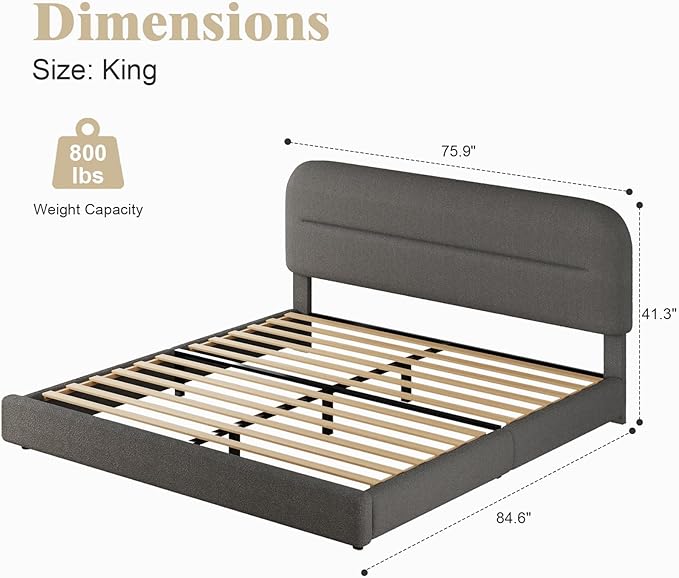 King Size Bed Frame, Boucle Upholstered Bed Frames and Headboard, Soft Bed Frame King with Thickened Footboard, Rounded Corners, No Box Spring Needed, Easy Assembly, Grey