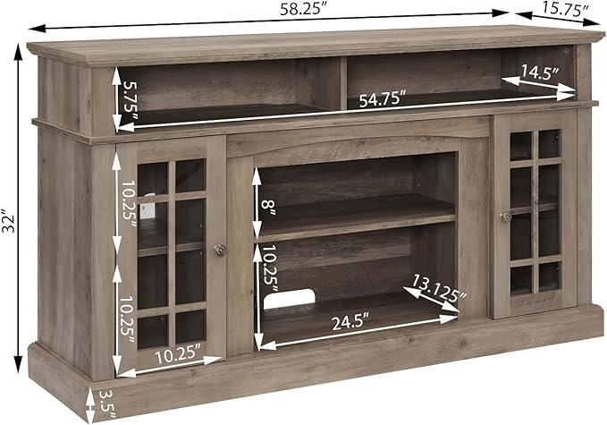 HMFULE 58" TV Stand with Storage for 55 60 65 inch Television, Entertainment Center 2 Glass Doors & Adjustable Shelves, Engineered Wood Modern Farmhouse Living Room Bedroom Furniture (Gray Wash)