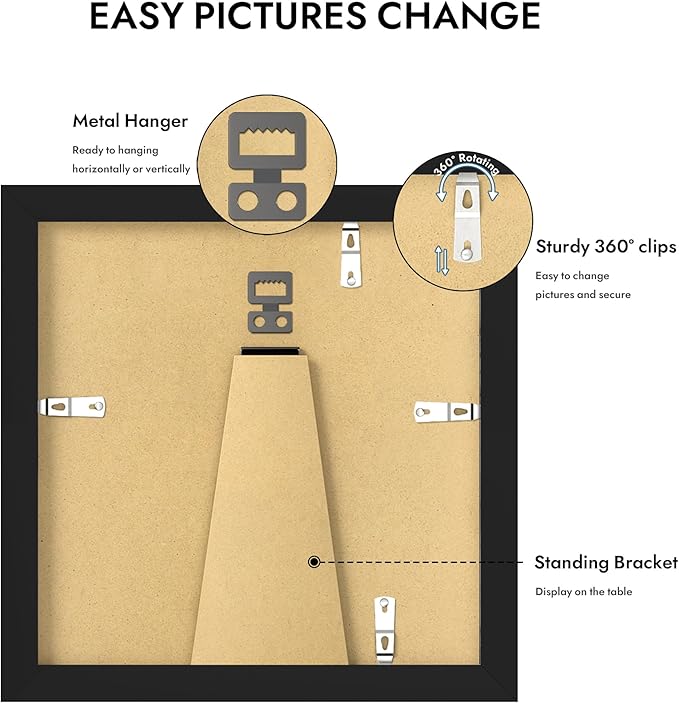 6x6 Picture Frame with Glass, Display Pictures 4x4 with Mat or 6 x 6 without Mat - Wall and Tabletop, 6 by 6 Photo Wooden Frames (Black, 1 Pack)