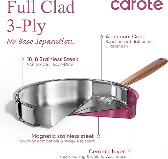 CAROTE 24pcs Tri-Ply Stainless Steel Cookware Set, Pots and Pans Set, Non Stick Induction Kitchen Cooking Sets, Nonstick Cookware Collection, Outer Ceramic Layer, Violet Purple