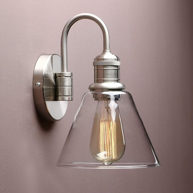 Yosoan 1-Light Brass Modern Vintage Indoor Wall Sconce, Vanity Single Luxury Hardwired Retro Textured Clear Funnel Flared Glass Shade with Industrial Gooseneck Curved Rod Bathroom Lamp(Brushed)