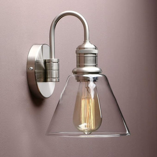 Yosoan 1-Light Brass Modern Vintage Indoor Wall Sconce, Vanity Single Luxury Hardwired Retro Textured Clear Funnel Flared Glass Shade with Industrial Gooseneck Curved Rod Bathroom Lamp(Brushed)